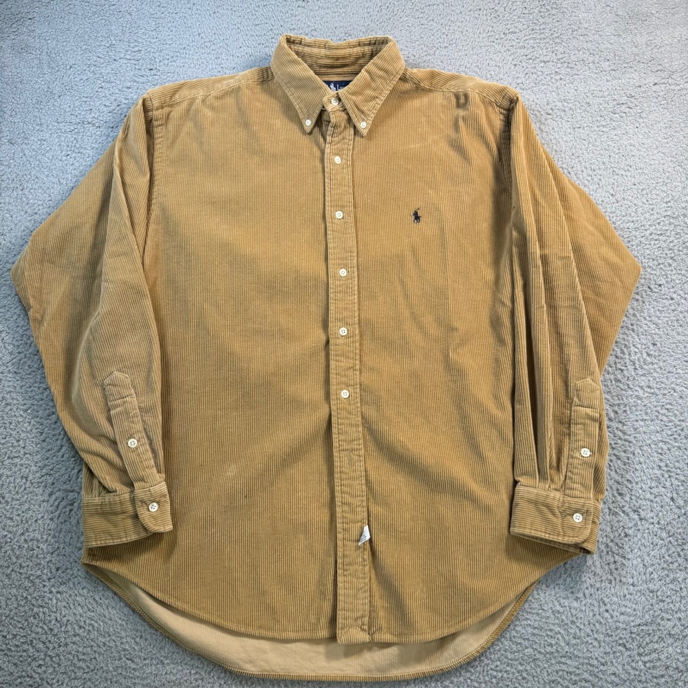 Ralph Lauren Mens Tan Corduroy Button Down Shirt Long Sleeve Pony Logo Large